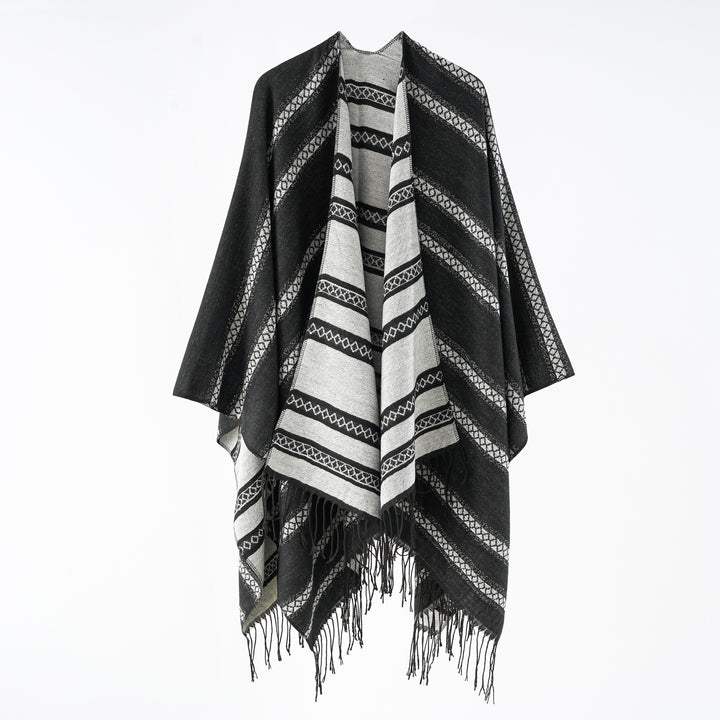 Women's wool blend wrap poncho in jacquard stripe with fringes Mune Fashion