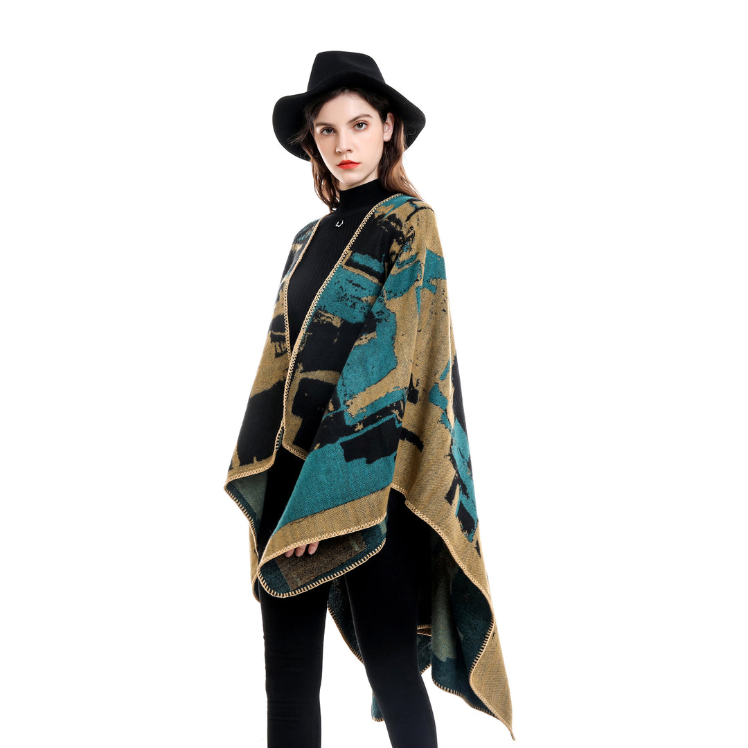 Women's oversized wrap robe made of wool blend with abstract jacquard and decorative stitch edge Mune Fashion