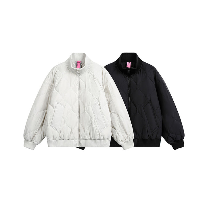Ladies Quilted Short Blouson Jacket with Stand-Up Collar and Elastic Hem