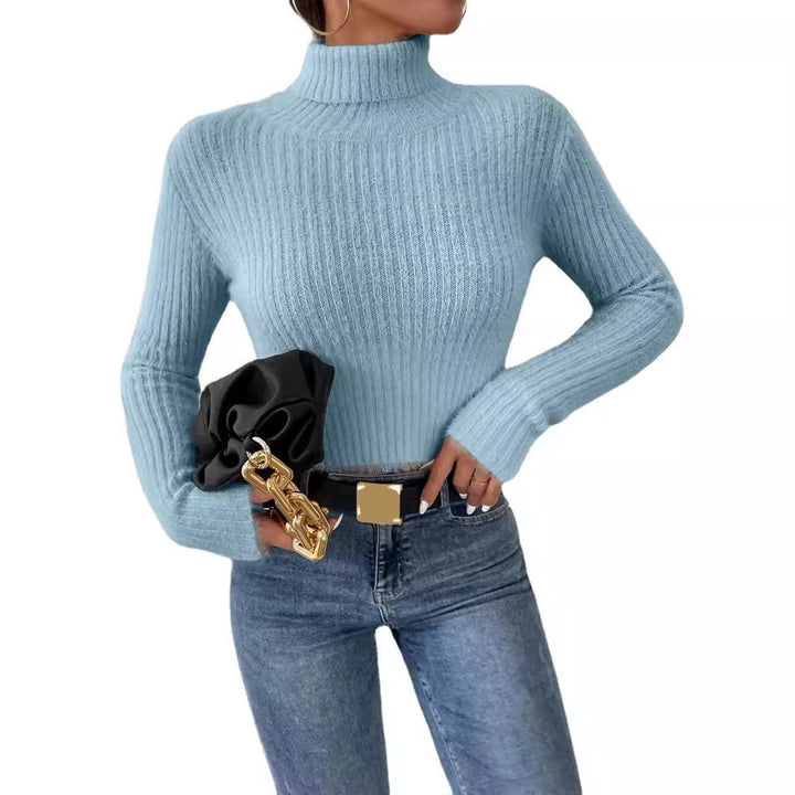 Women's Short Ribbed Turtleneck Sweater with Fluffy Mohair Look Mune Fashion
