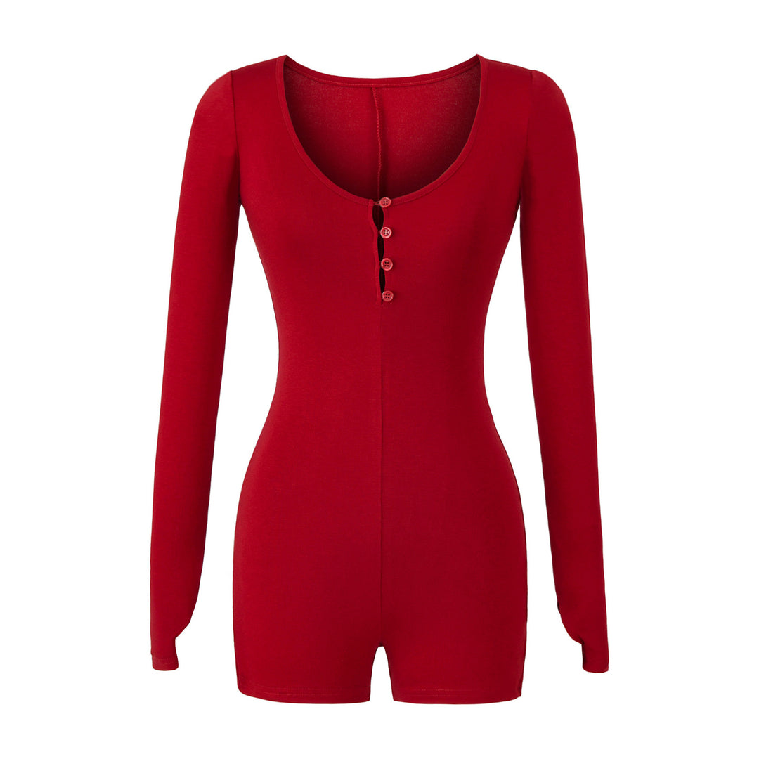 Women Fitted Long Sleeve Bodysuit with Button Placket and Short Shorts Mune Fashion