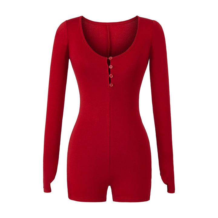 Women Fitted Long Sleeve Bodysuit with Button Placket and Short Shorts Mune Fashion