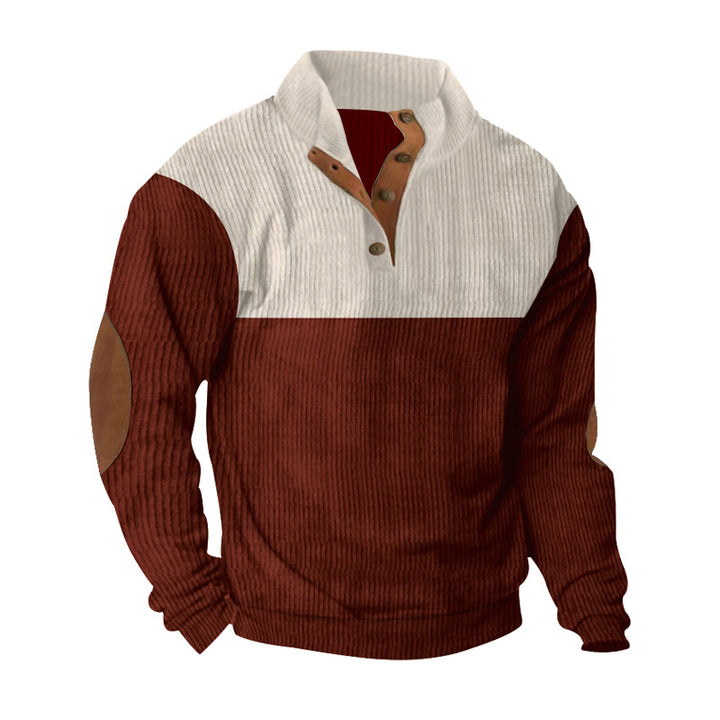 Men's casual knitted sweater with button placket, stand-up collar and elbow patches Mune Fashion