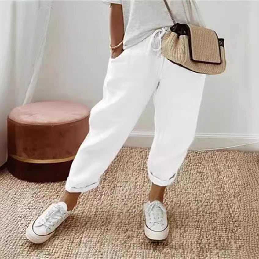 Women nan lighter linen joggers with drawstring, side pockets and rolled hem Mune Fashion