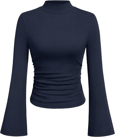 Women's Ribbed Long Sleeve Top with Stand-Up Collar, Trumpet Sleeves, and Fitted Cut Mune Fashion