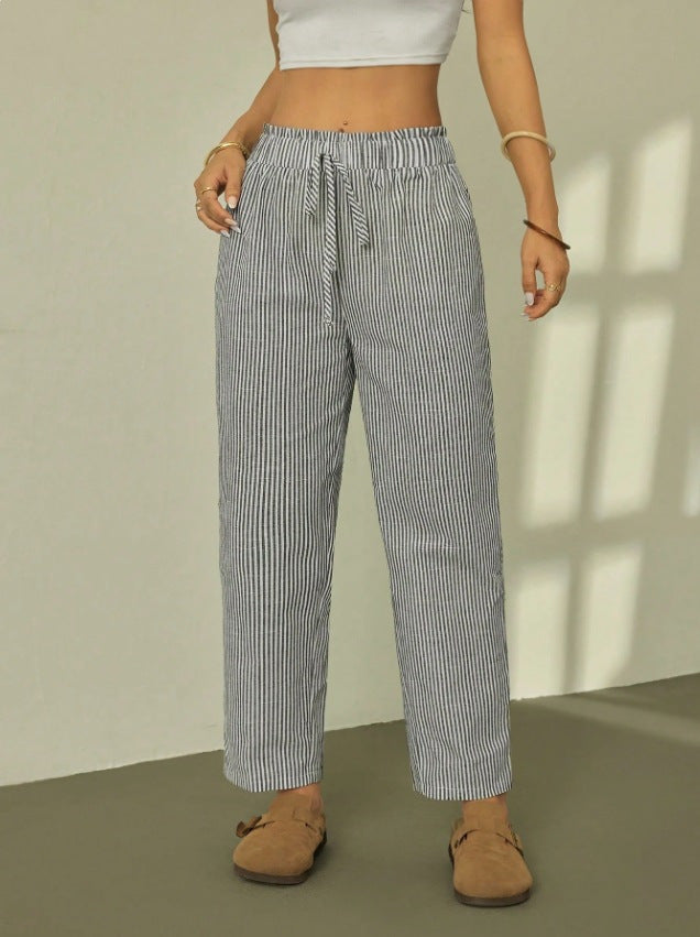 Women Linen Look Relaxed Trousers with High Waist, Drawstring and Pinstripes Drune
