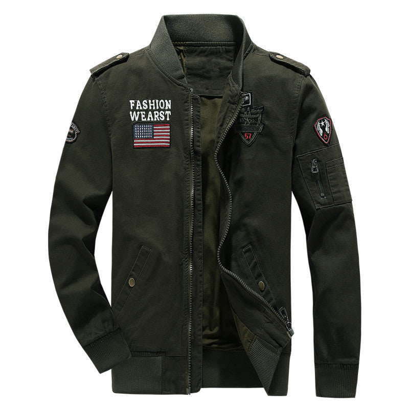 Men's Canvas-Field-Bomber Jacket with Embroidered Patches and Sleeve Utility Pocket Mune Fashion