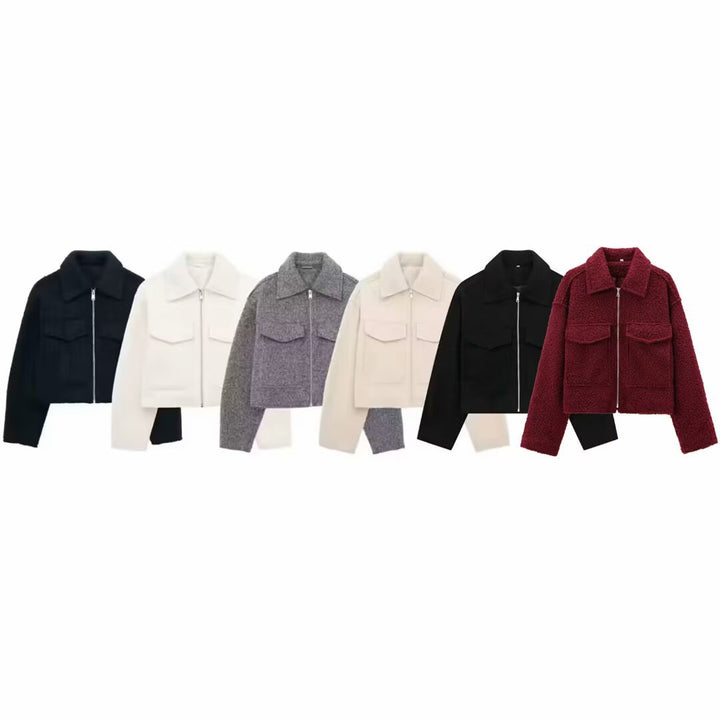 Women's Short Cut Sherpa Jacket with Zip and Flap Pockets Mune Fashion