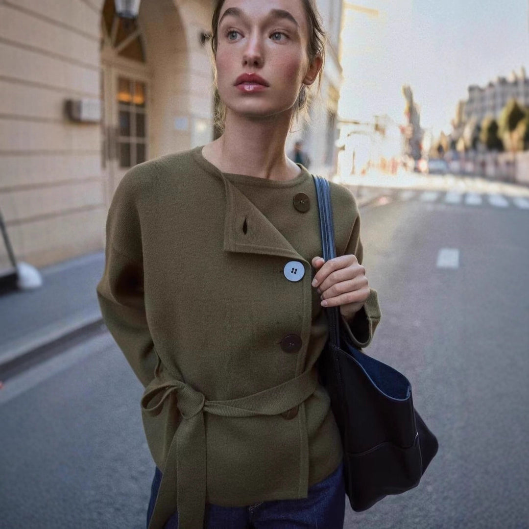 Women’s cardigan with asymmetric button placket and waist belt Mune Fashion