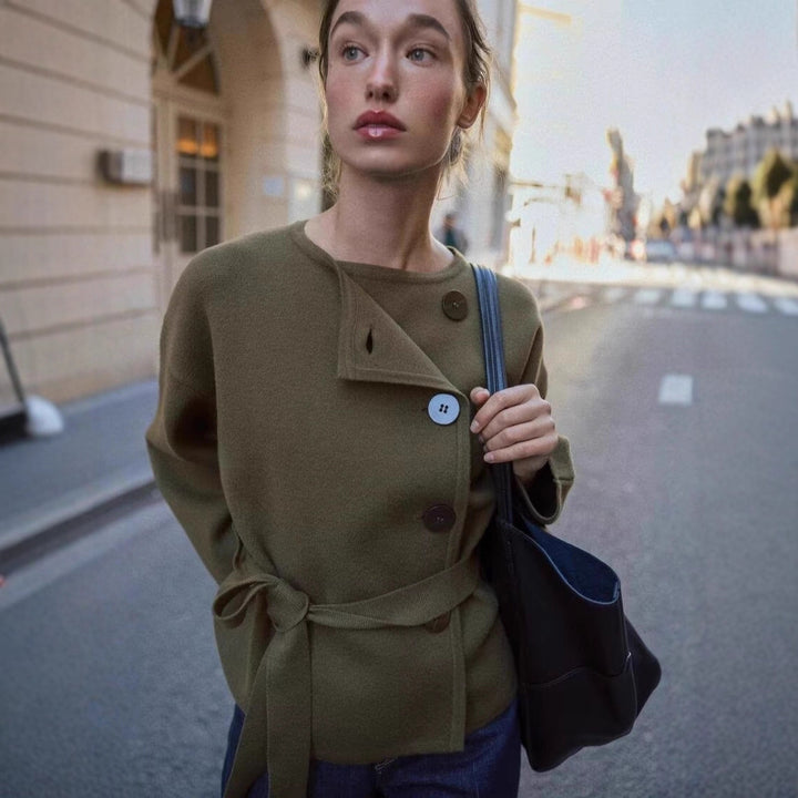 Women’s cardigan with asymmetric button placket and waist belt Mune Fashion
