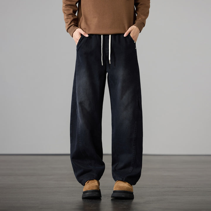 Men's Wide Cotton Drawstring Pants in Vintage Wash Look Mune Fashion