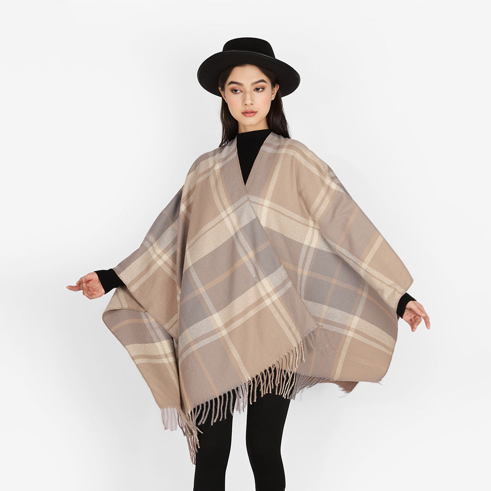 Women's Rectangular Plaid Throw with Soft Wool Blend and Fringe Hem Mune Fashion