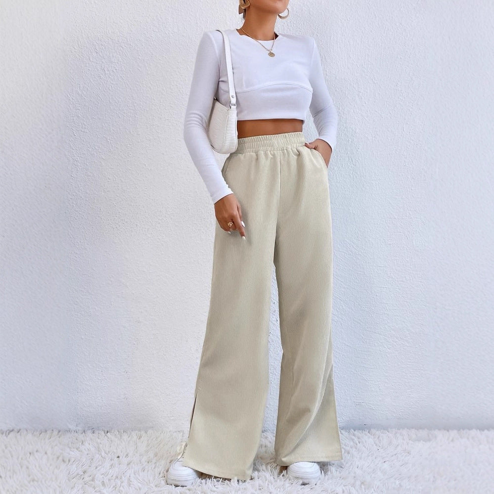 Women's Wide High-Waist Corduroy Lounge Pants with Elastic Waistband and Side Slits Drune