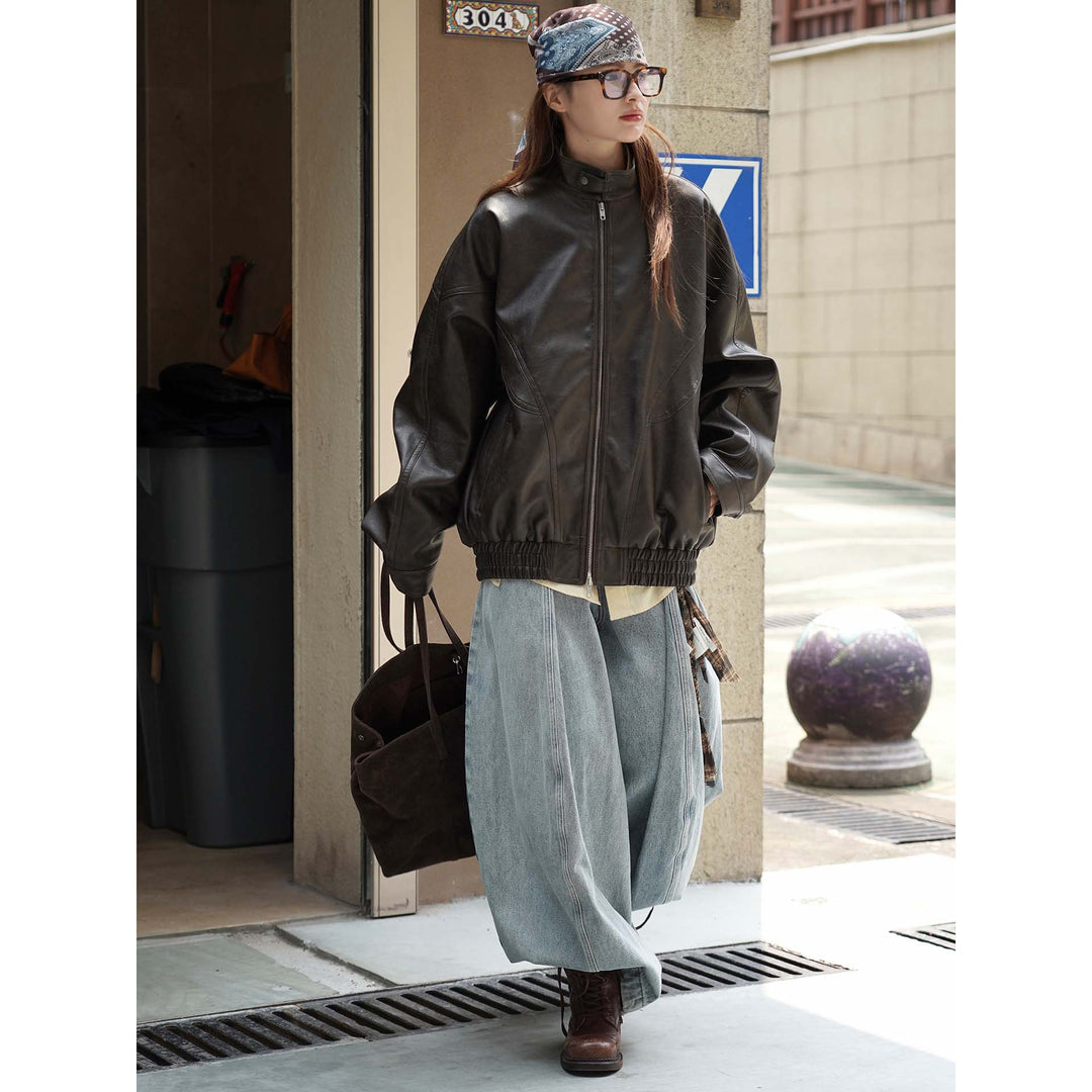Women's Oversized Leather Bomber Jacket with Stand-up Collar, Concealed Zipper and Gathered Hem Mune Fashion