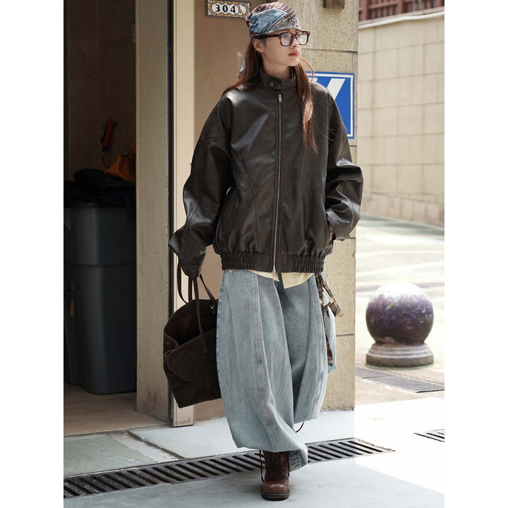 Women's Oversized Leather Bomber Jacket with Stand-up Collar, Concealed Zipper and Gathered Hem Mune Fashion