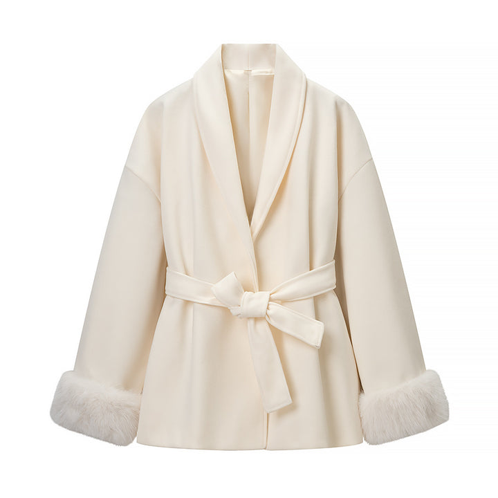 Women’s Wrap Coat with Tie Belt and Fur Trim on the Sleeves Mune Fashion
