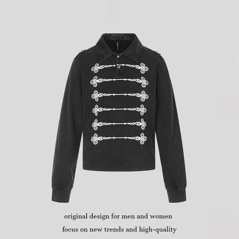 Women's pullover in military style with polo collar, decorative frogging applications, and epaulettes.