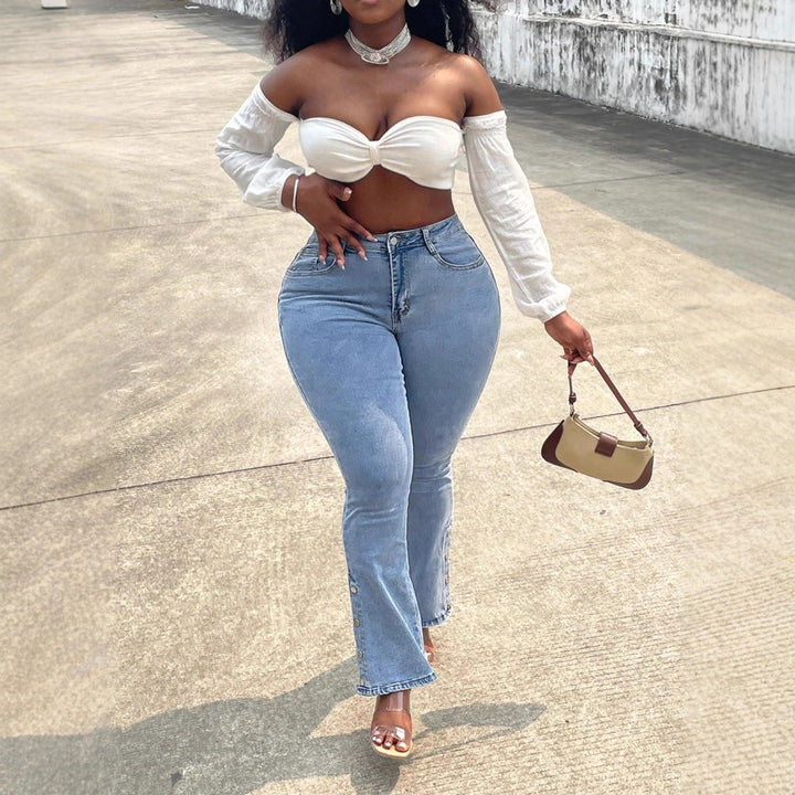 Women High-Waist Stretch Jeans with light flare and side snap button details Mune Fashion