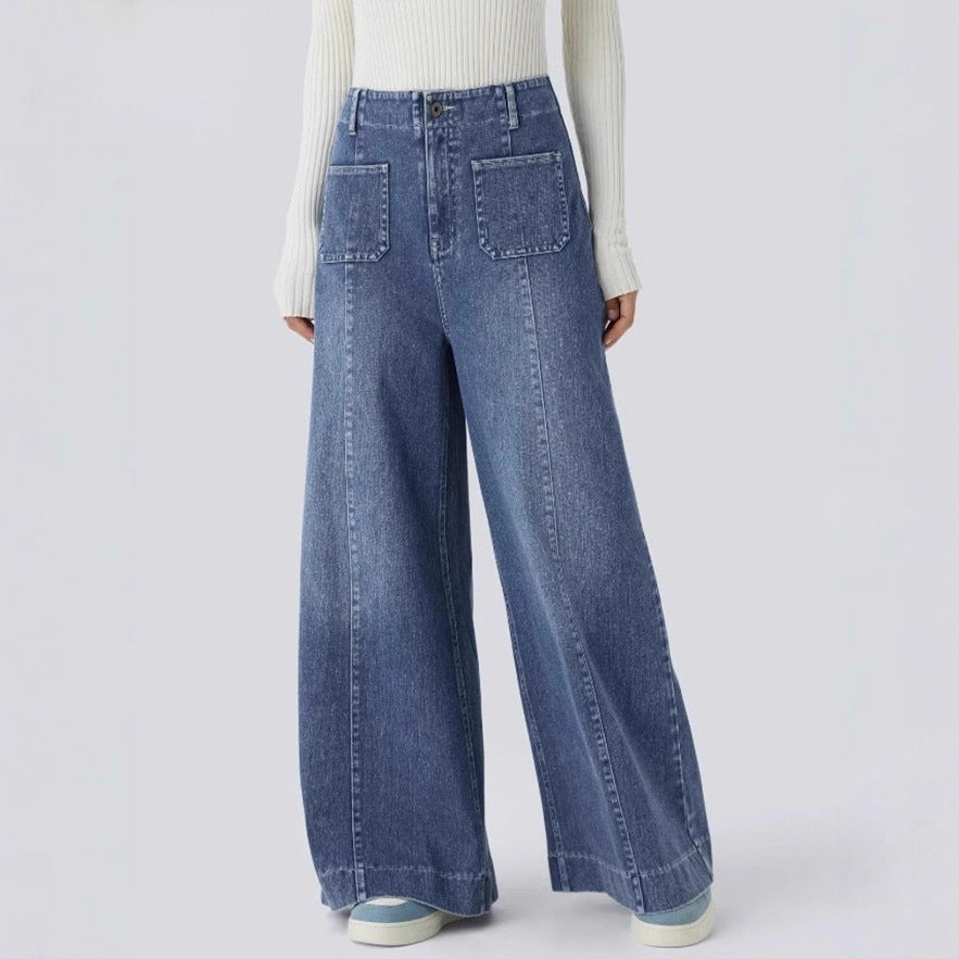 Women's high-waisted wide jeans pants with patch front pockets and vertical decorative seam Mune Fashion