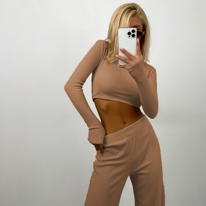 Women’s fitted ribbed cropped long sleeve with elastic high waist lounge pants set Mune Fashion