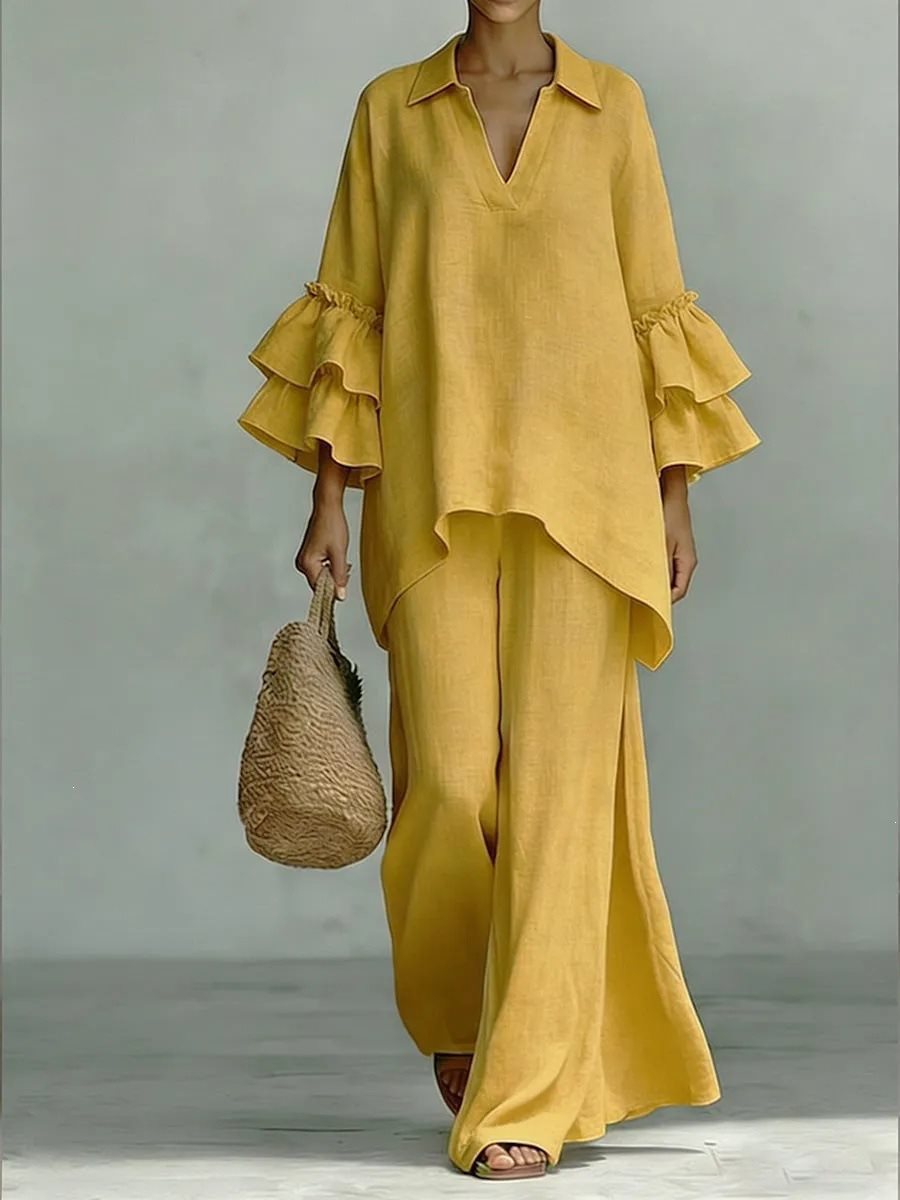 Ladies Linen Loungewear Set with Ruffle Sleeves and Wide Palazzo Pants Mune Fashion