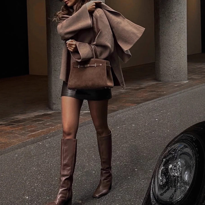 Women Oversize Wrap Poncho Coat with Wide Shawl Collar and One-Button Detail Mune Fashion