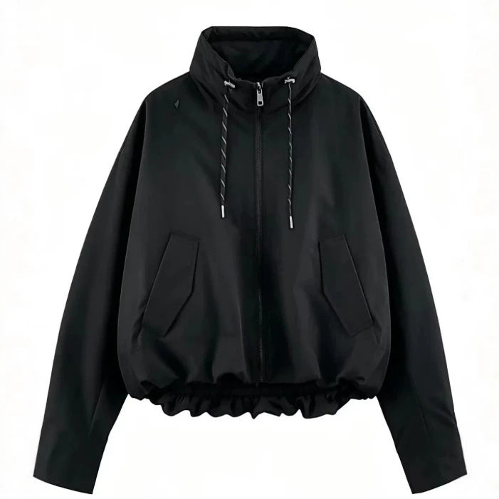 Women’s Oversize Cropped Hooded Jacket with Full Zip, Drawstring and Gathered Hem Mune Fashion