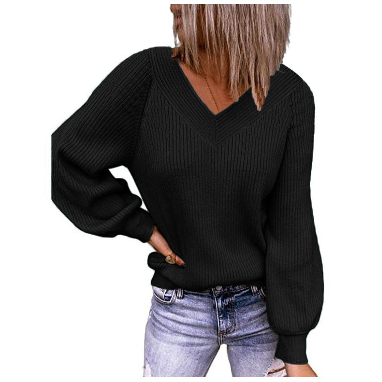 Women Ribbed V-Neck Sweater with Balloon Sleeves and Casual Fit Mune Fashion