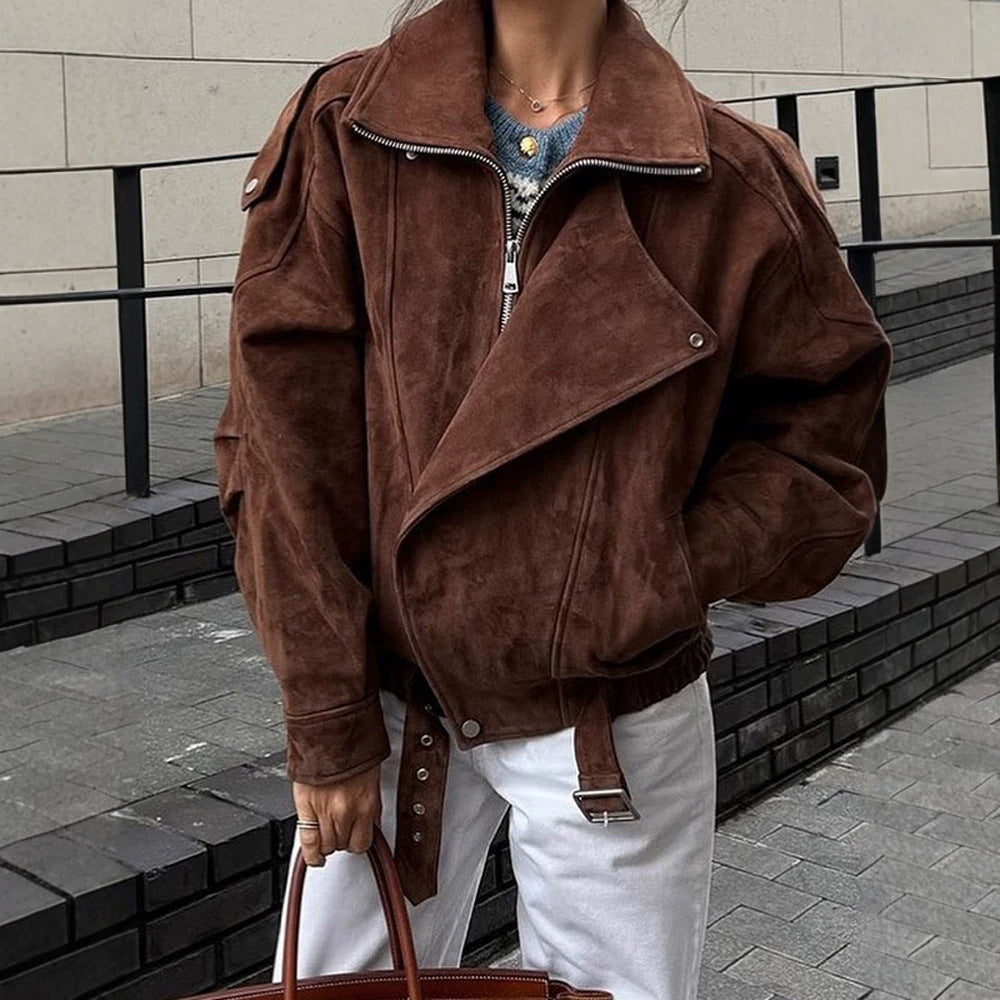 Women Short Velour Leather Bomber Jacket with High Stand-Up Collar and Waist Belt Mune Fashion