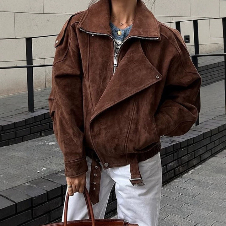 Women Short Velour Leather Bomber Jacket with High Stand-Up Collar and Waist Belt Mune Fashion