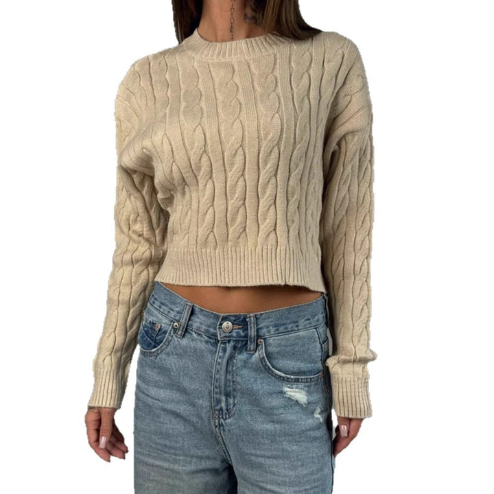 Women's Short Boxy Cable Knit Sweater with Ribbed Hem and Round Neckline Mune Fashion