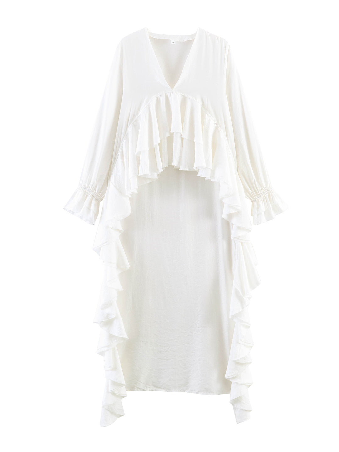 Women's maxi dress with asymmetric ruffle trim, V-neck and long ruffle sleeves Mune Fashion