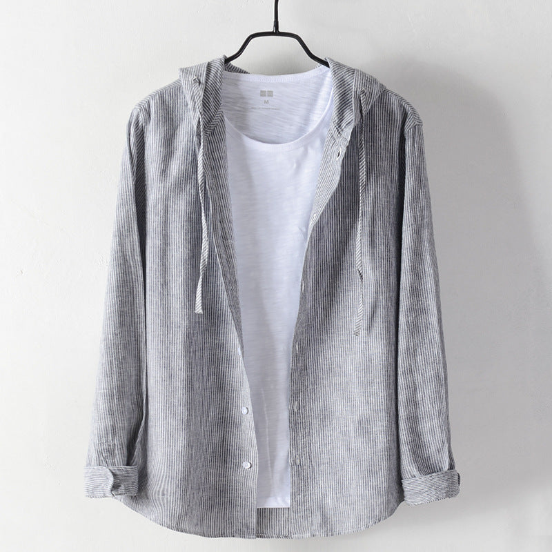 Men's Lightweight Hoodie Shirt made of Linen-Cotton Blend with Fine Stripe Structure Mune Fashion