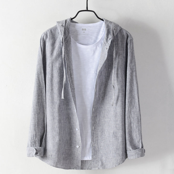 Men's Lightweight Hoodie Shirt made of Linen-Cotton Blend with Fine Stripe Structure Mune Fashion