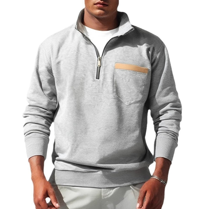 Men's finely structured half-zip fine knit pullover with stand-up collar, chest pocket, and slim silhouette Mune Fashion
