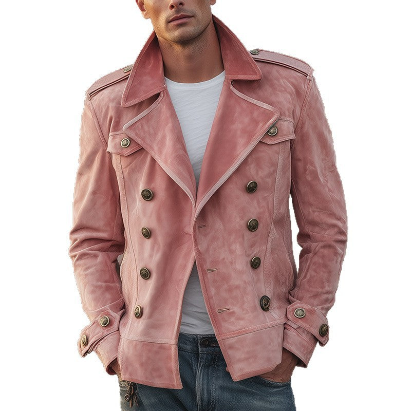 Men's Double-Breasted Suede Jacket in Aviator Style with Epaulettes Mune Fashion