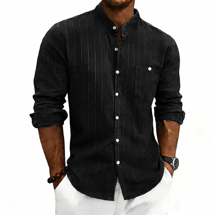 Men's breathable pinstripe long-sleeve shirt with stand collar, chest pocket, and rounded hem Mune Fashion