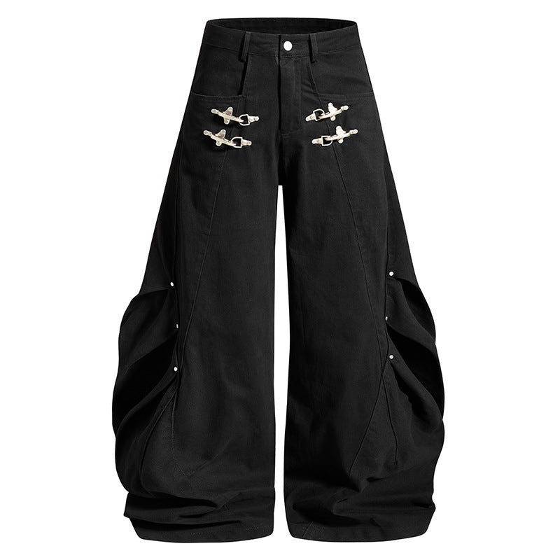 Women's Loose Balloon Cargo Pants with Draping and Metal Closure Details Mune Fashion