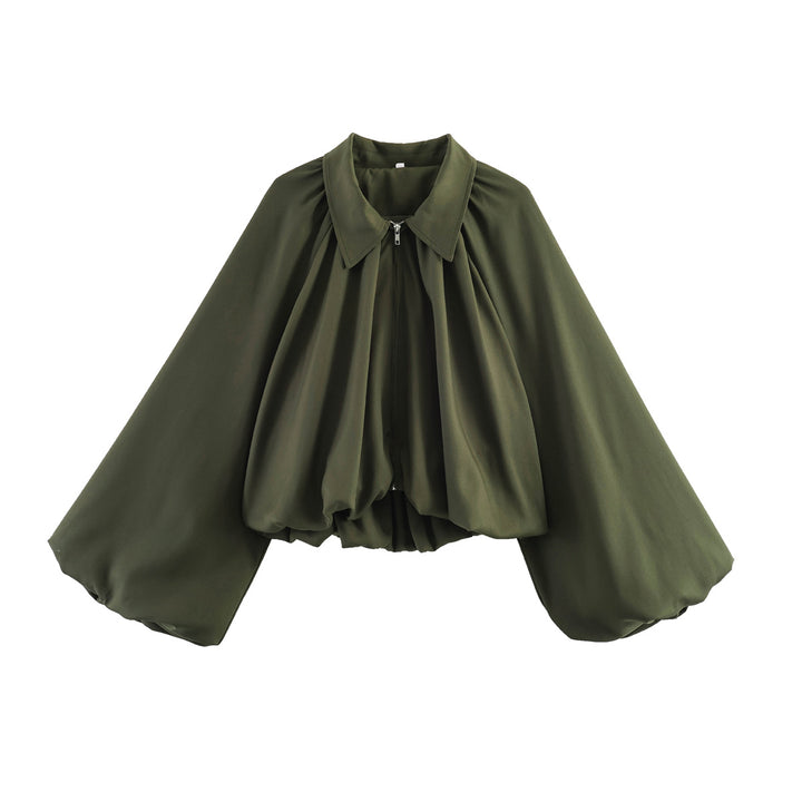 Women’s Short Cape Jacket with Voluminous Balloon Sleeves, Stand Collar and Zip Mune Fashion