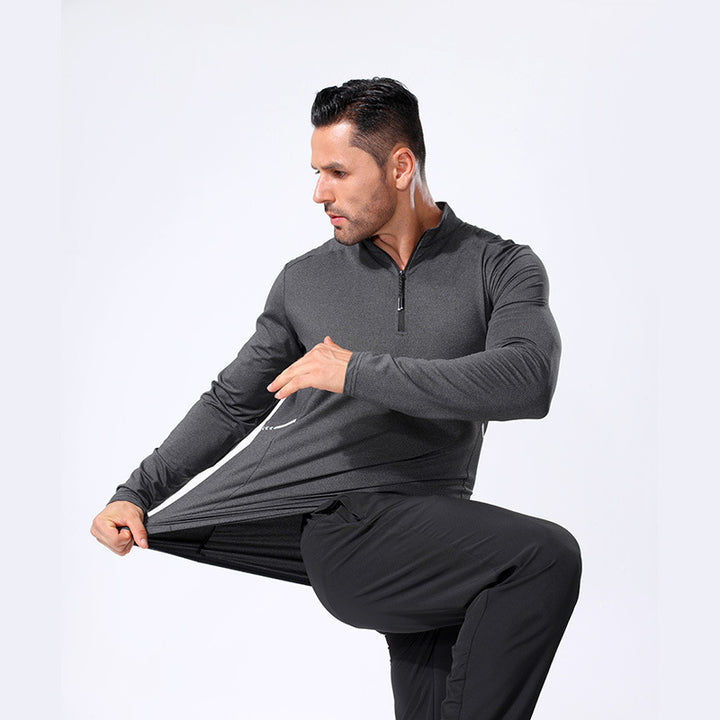 Men's Lightweight Sporty Long Sleeve Polo Shirt with Short Zipper and Stand-Up Collar Mune Fashion