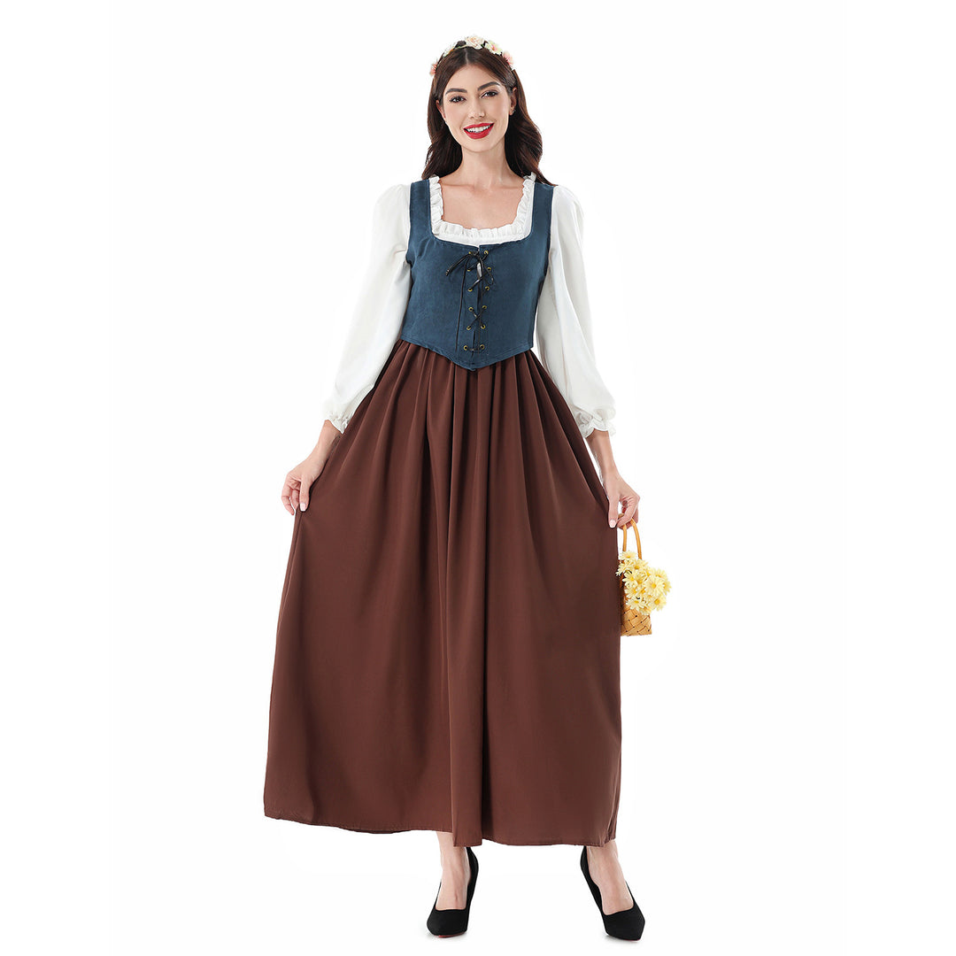 Women's nan historical medieval dress with laced bodice, ruffled blouse, and wide maxi skirt Mune Fashion
