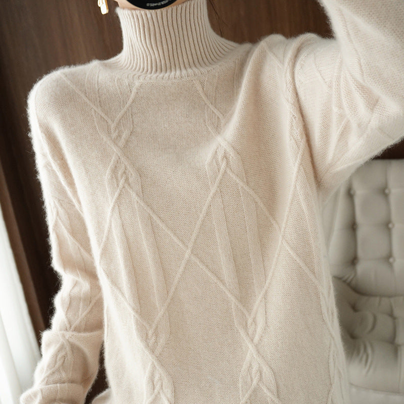 Women's Soft Mohair-Look Sweater with High Ribbed Collar, Cable Knit Pattern, and Boxy Oversized Fit Mune Fashion