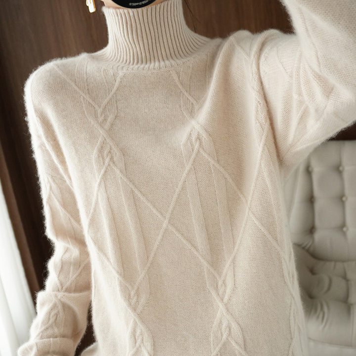 Women's Soft Mohair-Look Sweater with High Ribbed Collar, Cable Knit Pattern, and Boxy Oversized Fit Mune Fashion