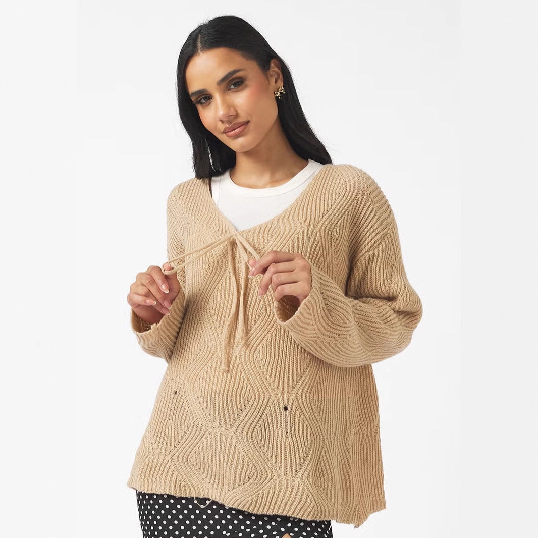 Women's Casual Knit Pullover with Tie Mune Fashion