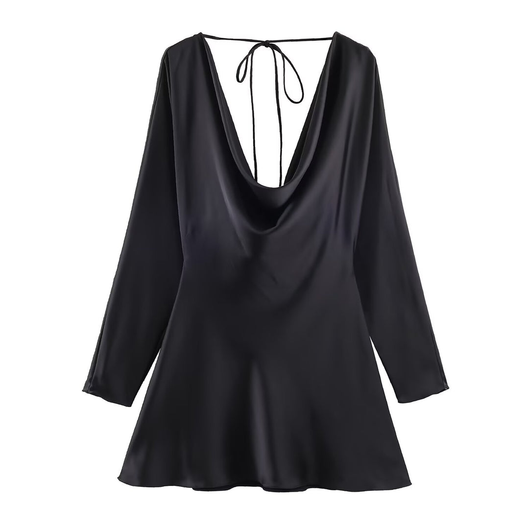 Women's Short Satin Mini Dress with Deep Waterfall Back, V-Neck Front, and Long Sleeves Mune Fashion