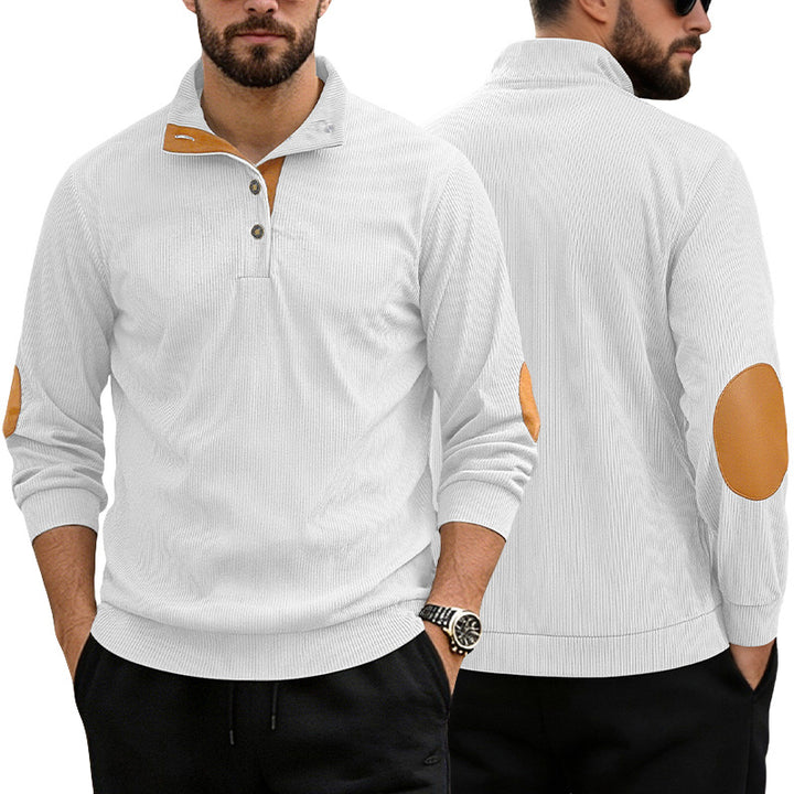 Men's casual structured sweater with polo collar, short button placket and vegan leather trims Mune Fashion
