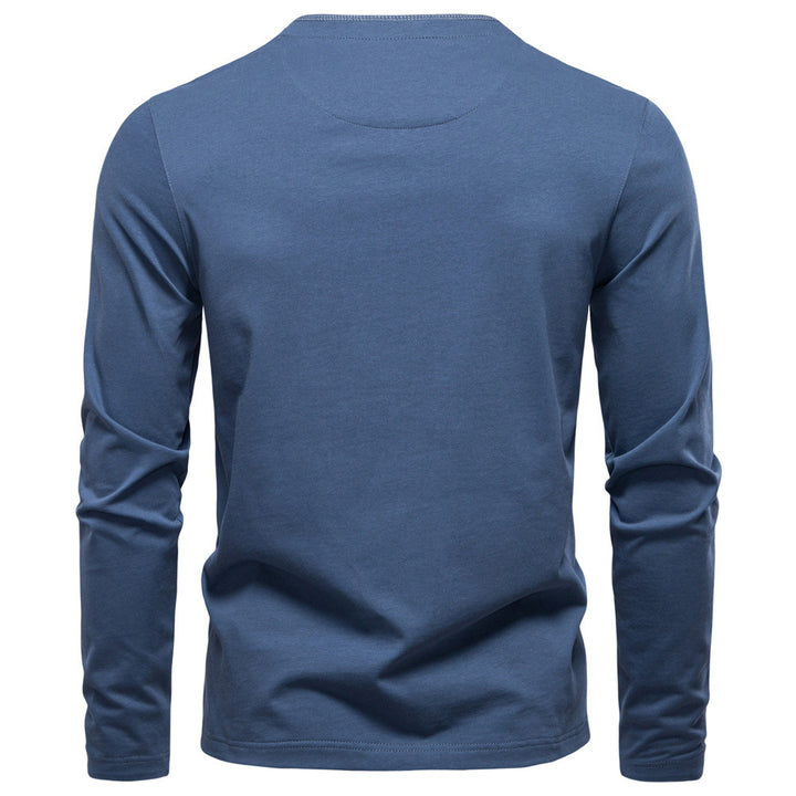 Men's navy cotton long-sleeve shirt with short button placket and stand collar Mune Fashion