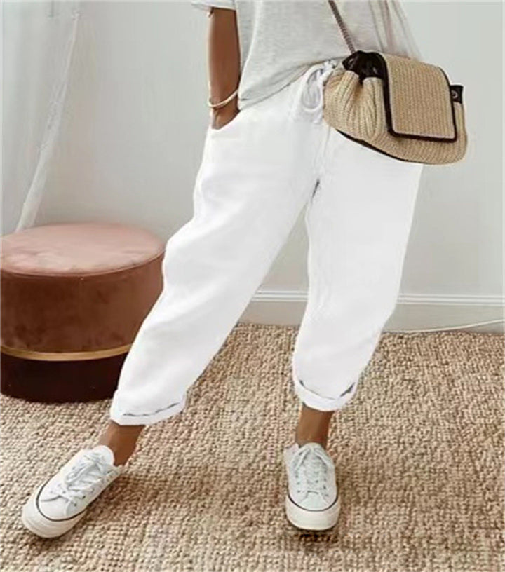 Women's lightweight linen pants with drawstring, loose pleat fit, and rolled ankle hem Mune Fashion