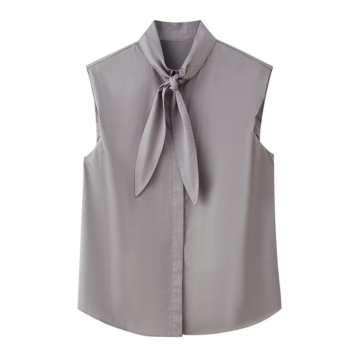 Women's Sleeveless Poplin Blouse with Bow Collar and Pinstripes Mune Fashion