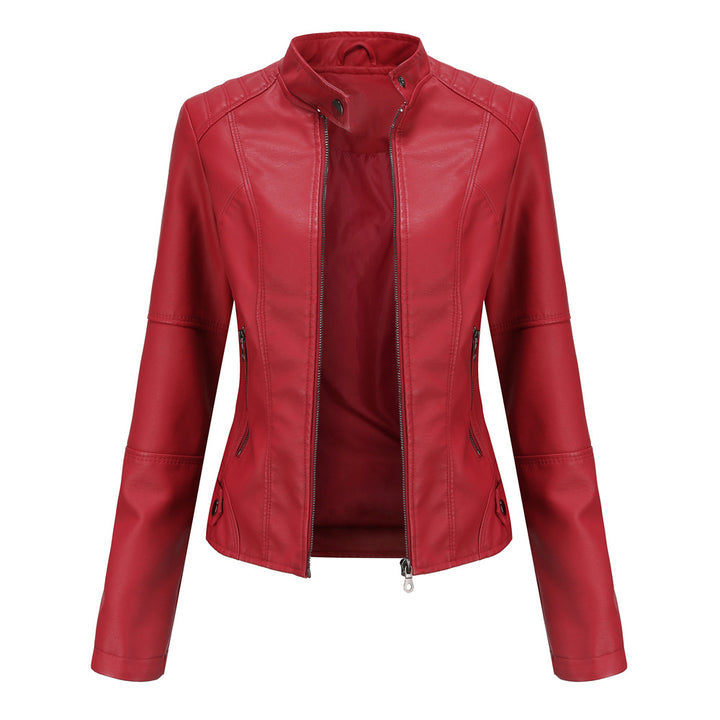 Women in slim faux leather biker jacket with stand-up collar and shaping darts Mune Fashion
